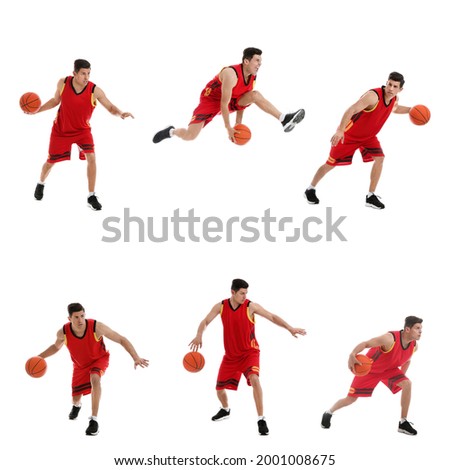Professional sportsman playing basketball on white background, collage