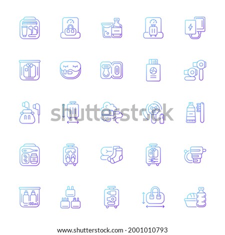 Travel size objects gradient linear vector icons set. Portable stuff for flight passenger. Essential things. Thin line contour symbols bundle. Isolated vector outline illustrations collection