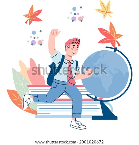 School boy at backdrop with books and globe. Child cartoon character for education and school thematic, flat vector illustration isolated on white background.