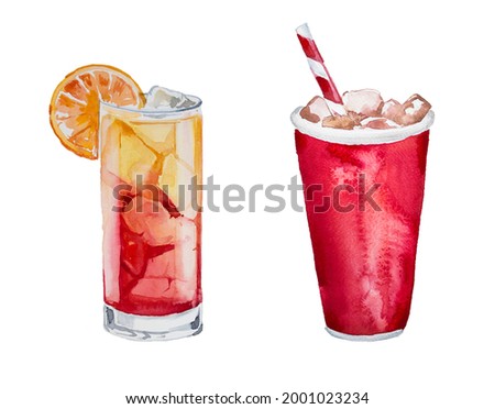 Beautiful hand painted cold drinks set isolated on a white background. Summer cocktail design. Vacation concept.