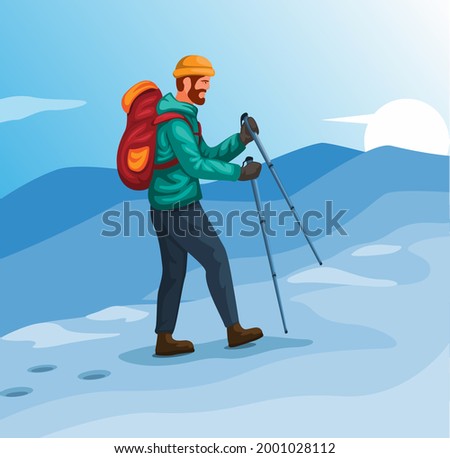 Man walking on mountain ice hiking winter sport activity illustration vector