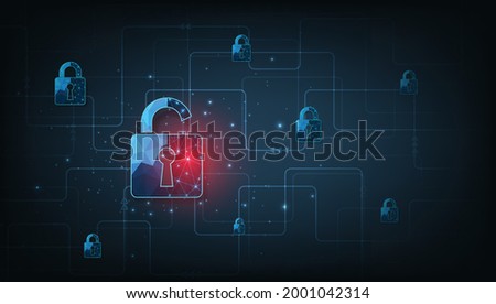 Data attacks.Visualization of cyber attacks With Padlock  destroyed on dark blue background.Cyber attack and Information leak concept.Vector illustration. Royalty-Free Stock Photo #2001042314