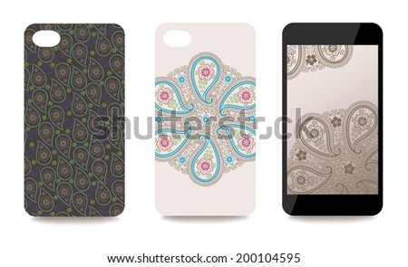 Set fashionable Paisley ornaments for mobile phone cover and screen . The visible part of the clipping mask. The sample is ready for printing after the release clipping mask.Vector illustration