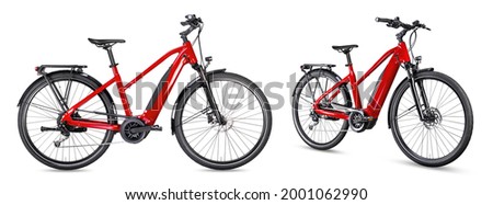 red modern mid drive motor city touring or trekking e bike pedelec with electric engine middle mount. battery powered ebike isolated on white background. Innovation transportation concept. Royalty-Free Stock Photo #2001062990