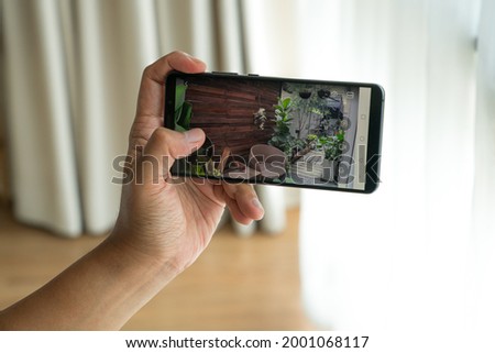 Man’s left hand holding and control black mobile phone horizontally for monitoring garden through security camera. Shooting from behind. Shallow depth of field.