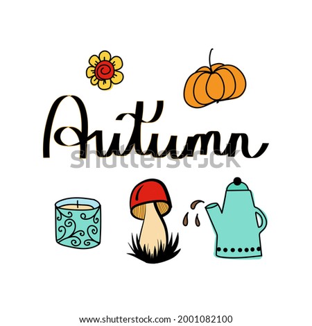 Autumn set, hand drawn elements- calligraphy, fall leaves, forest animals, wreaths, and other. Perfect for web, card, poster, cover, tag, invitation, sticker kit. Vector illustration

