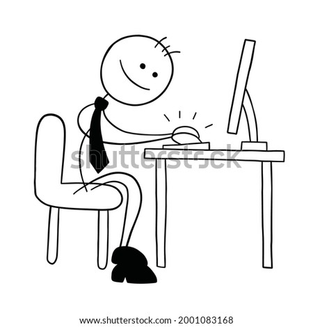 Stickman businessman character working at the computer and happy, vector cartoon illustration. Black outlined and white colored.