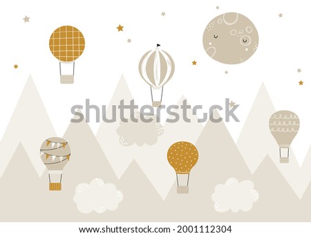 Vector children hand drawn doodle mountain illustration in scandinavian style. Mountain landscape, clouds, air balloons and cute moon. Kids wallpaper. Mountainscape, baby room design, wall decor.