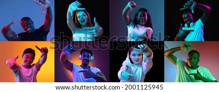 Positive emotions. Collage of ethnically diverse people, men and women gesticulating imitating the frame isolated over multicolored background. Concept of emotions, facial expression