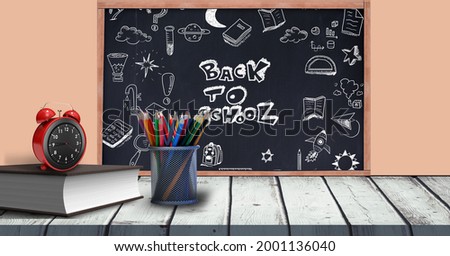 Composition of back to school text and school items. education, school and learning concept digitally generated image.