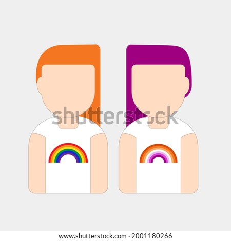 Couple portrait cartoon wearing t-shirt with lesbian and gay pride flag rainbow icon. Pride LGBTQ Fashion characters. Icon Vector illustration