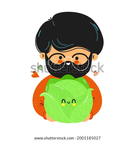 Young cute funny man hold white cabbage in hand. Young man hugs cute white cabbage. Isolated on white background. Vector hand drawn doodle style cartoon character illustration icon design