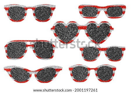 Glitter glasses in colors of American flag. Clip art set on white background
