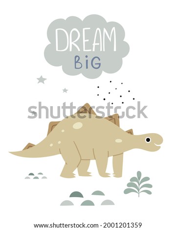 Children's poster with a talarus. Cute book illustration of a dinosaur.Dream big lettering.Jurassic reptiles.