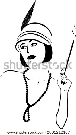 Girl with a cigar in a mouthpiece in a hat with a feather and beads. The lady looks to the side with an unsatisfied look. Bob hairstyle. The style of the great Gatsby. Linear retro portrait. Poster.