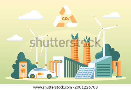 Recycling carbon dioxide concept. Renewable methanol alternative energy. Ecological CO2 consumption for fiber technology production. Nature friendly and clean fuel substitute. Flat vector illustration Royalty-Free Stock Photo #2001226703