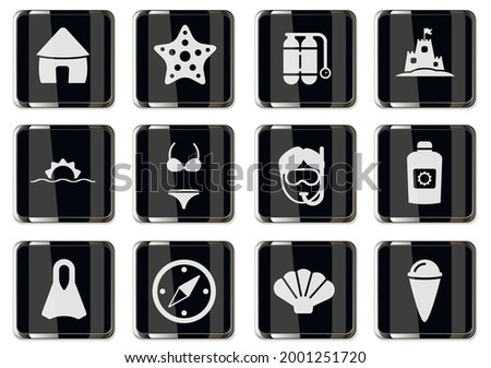 Relaxing on the beach pictograms in black chrome buttons. icon set for your design. vector icons