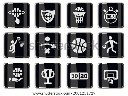 Basketball pictograms in black chrome buttons. icon set for your design. vector icons