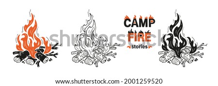 Wood Campfires and Campfire Stories inscription. Outdoor Bonfire. Fire Flames and Wooden Logs. Burning Firewood or Fireplace Vector Set of Outline and Silhouettes Drawing Royalty-Free Stock Photo #2001259520