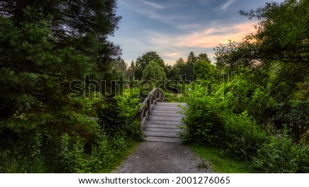 Wooden Bridge over the pond on a walking path in a famous Stanley Park. Sunset Summer Sky. Downtown Vancouver, British Columbia, Canada.