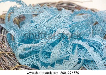 Sky blue lace ribbon. Elegant colorful lace trim, exquisite pattern, suitable for card making, gift wrapping, bow making, jewelry design, flower arrangements, garment accessories, etc.