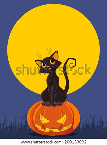 Black cat is sitting on Halloween pumpkin. Greeting card/invitation. Raster version.  