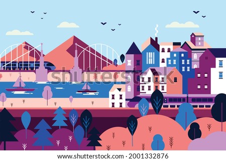 Landscape port in the midle of urban city flat design illustration