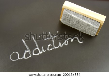 Chalkboard with the word ADDICTION written with an eraser Royalty-Free Stock Photo #200136554