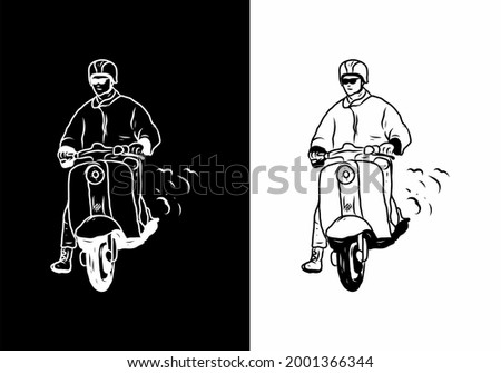 Black and white illustration drawing of man with scooter design