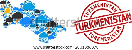 Weather collage map of Turkmenistan, and grunge red round stamp seal. Geographic vector collage map of Turkmenistan is organized with randomized rain, cloud, sun, thunderstorm symbols.