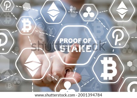 Concept of proof of stake. POS cryptocurrency blockchain technology. Royalty-Free Stock Photo #2001394784