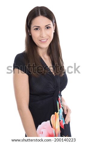 Pretty young smiling woman isolated over white background.