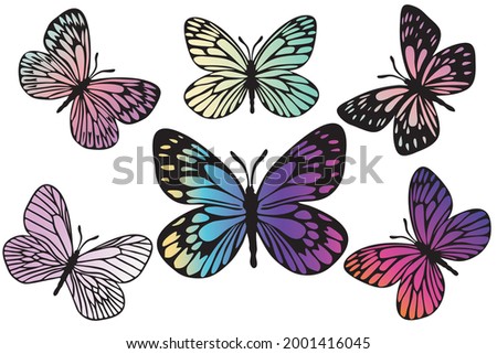 Butterflies black silhouette set with modern gradient. Clip art on white 
