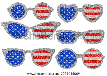 Glitter glasses in colors of American flag. Clip art set isolated