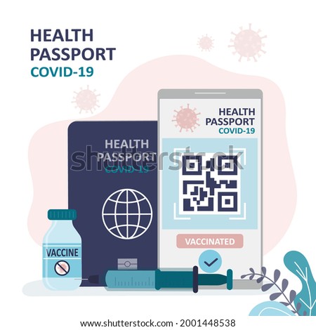 Electronic certificate of vaccination with qr code for travel. Digital health passport on mobile phone screen. Syringe with dose of covid-19 vaccine. Medical tools. Trendy flat vector illustration
