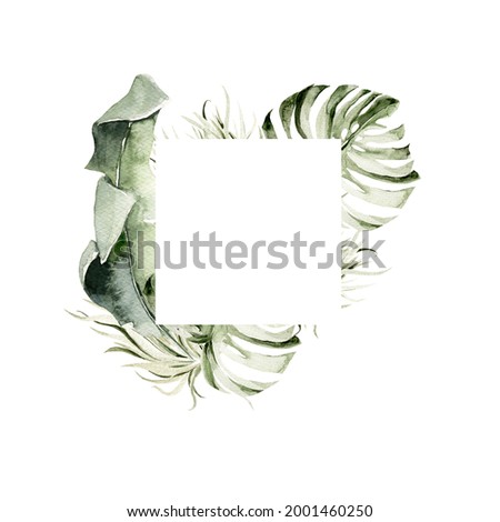Watercolor floral wreath. Hand painted frame of tropical leaves, palm, green monster, jungle  leaf. Exotic border.Isolated on white background. Botanical illustration for design, print