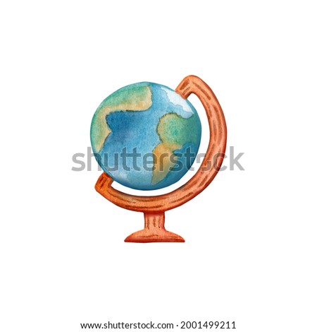 Earth globe on wooden stand, watercolor clipart on white background. School accessories hand-drawn illustration. Back to school clipart. Cute cartoon globe model isolated