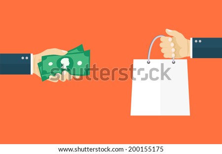 Deal flat illiustration.Hand holding money and hand holding paper bag. eps8 Royalty-Free Stock Photo #200155175