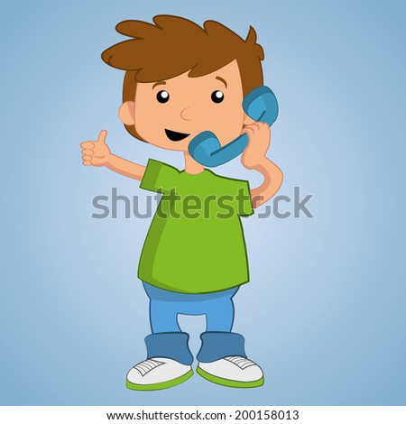 a happy boy talking in the telephone in blue background