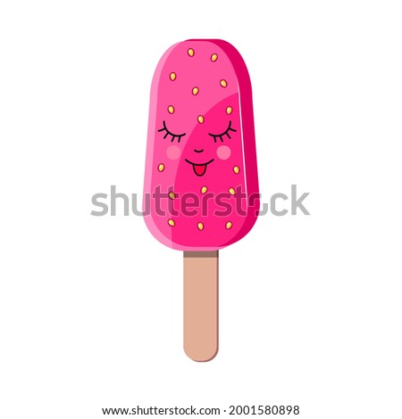 Colorful ice cream in cartoon style with cute face on white background.
