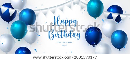 Elegant blue balloon and ribbon Happy Birthday celebration card banner template background