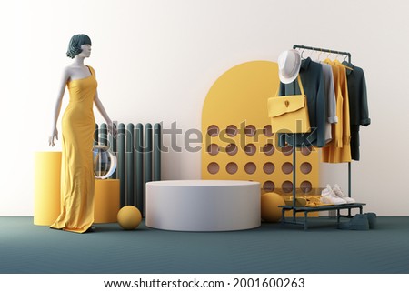 Clothes mannequins a hanger surrounding by bag and market prop with geometric shape on the floor in yellow and green color. realistic 3d render