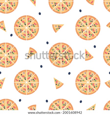 Pizza with mushrooms, olives, tomatoes. Pizza slices, round pizza on a white background seamless pattern. Vector illustration. For web, print, fabric, design