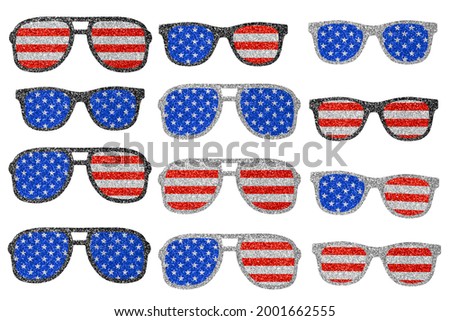 Glitter glasses in colors of American flag. Clip art patriotic kit on white 