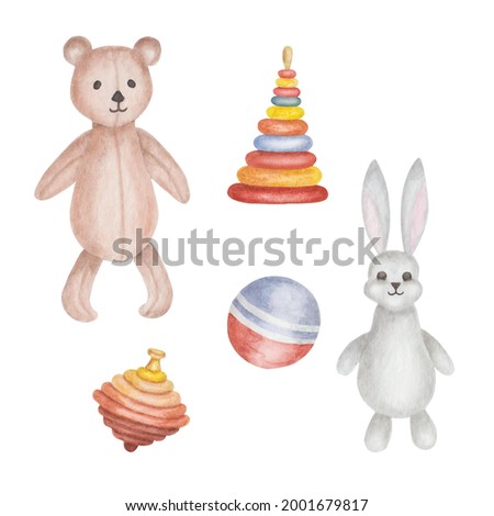 Watercolor cute cartoon toys grey hare bunny with long ears and brown teddy bear, pyramid, ball, peg top isolated on white. Hand painted clip art elements for children fabric textile print, poster