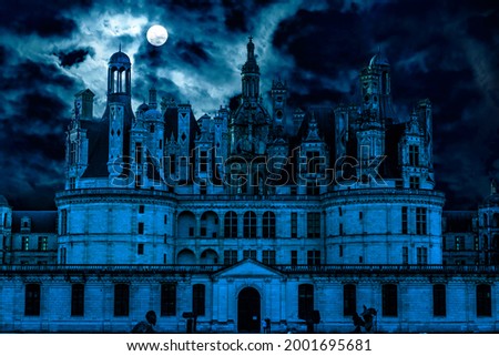 Haunted Gothic castle at night, old spooky mansion like palace in full moon. Front view of dark mystery house. Scary gloomy scene for Halloween theme, fantasy background, horror and midnight concept.