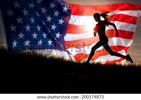 Running woman. Runner jogging over sunset sky and american flag. Female fitness model training outside running to her American dream