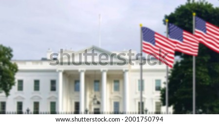 Building in USA called white house, patriotic bokeh illustration - blur government or travel background concept for flyer, banner, backdrop.