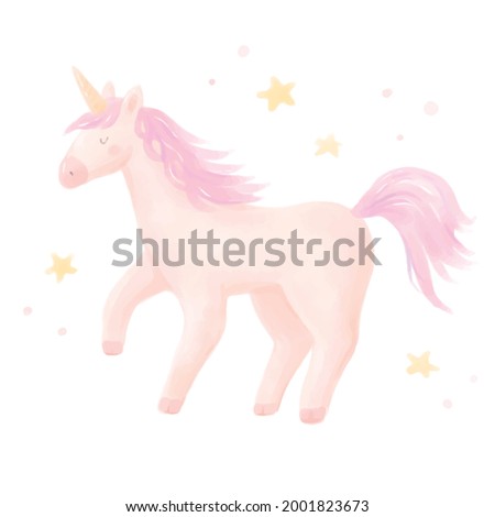 Watercolor illustration of tender cute pink unicorn 