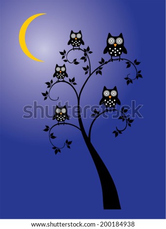 vector owls sitting in the tree in the moonlight